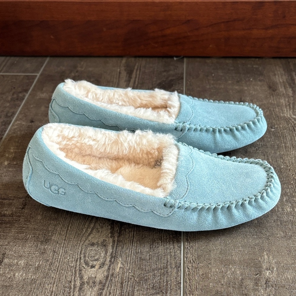 UGG Light Blue Suede Moccasin Slippers with Shearling Lining